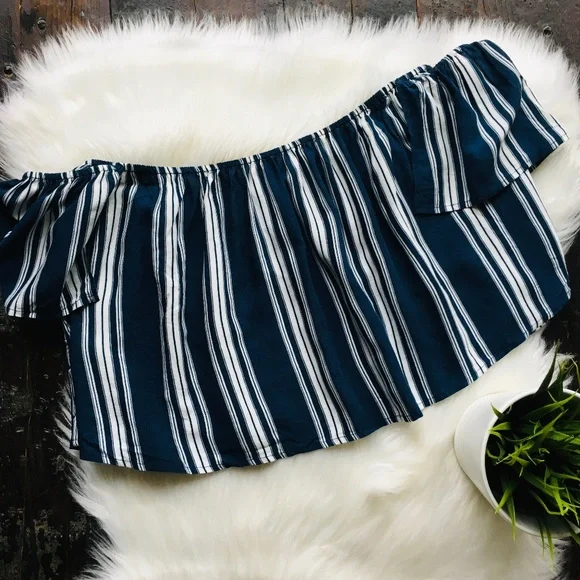 SHOW ME YOUR MUMU ELLA Striped Navy Blue Crop Top Womens LARGE NWT NEW - Picture 3 of 7